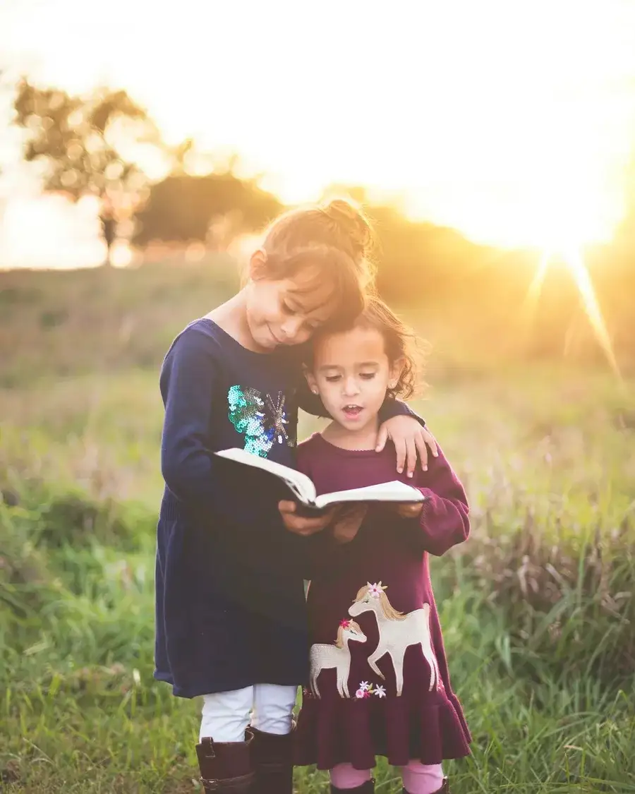 Zwei Kinder schauen gemeinsam in ein Bilderbuch